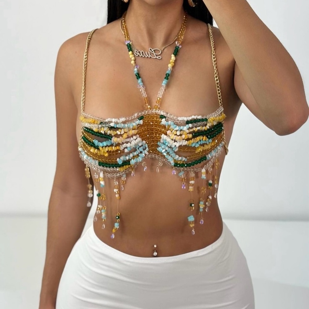 Handmade Beaded Halter Top with Fringe